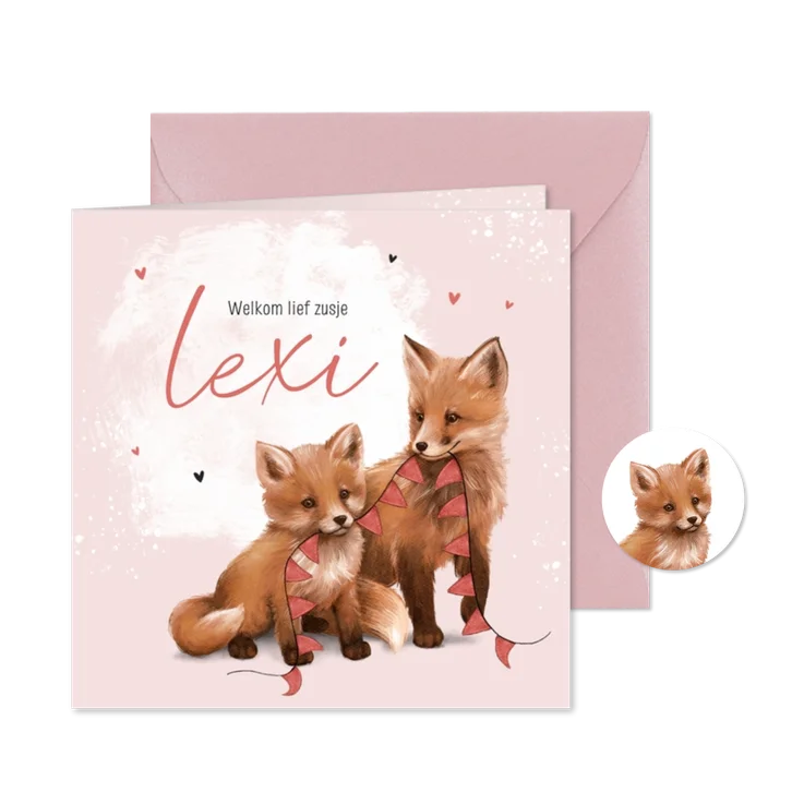 Lief geboortekaartje vosje zusje vlaggetjes dieren verf