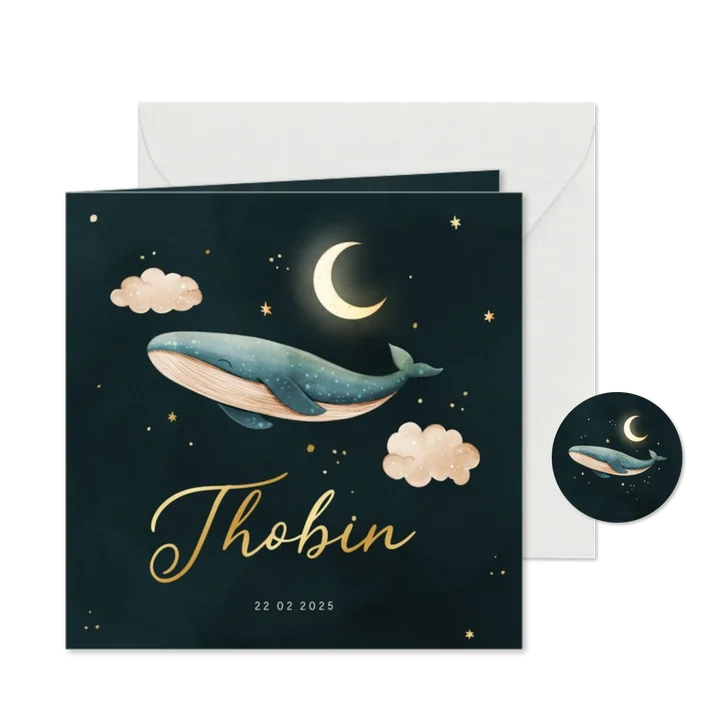 Lief geboortekaartje walvis met maan en goudfolie sterren