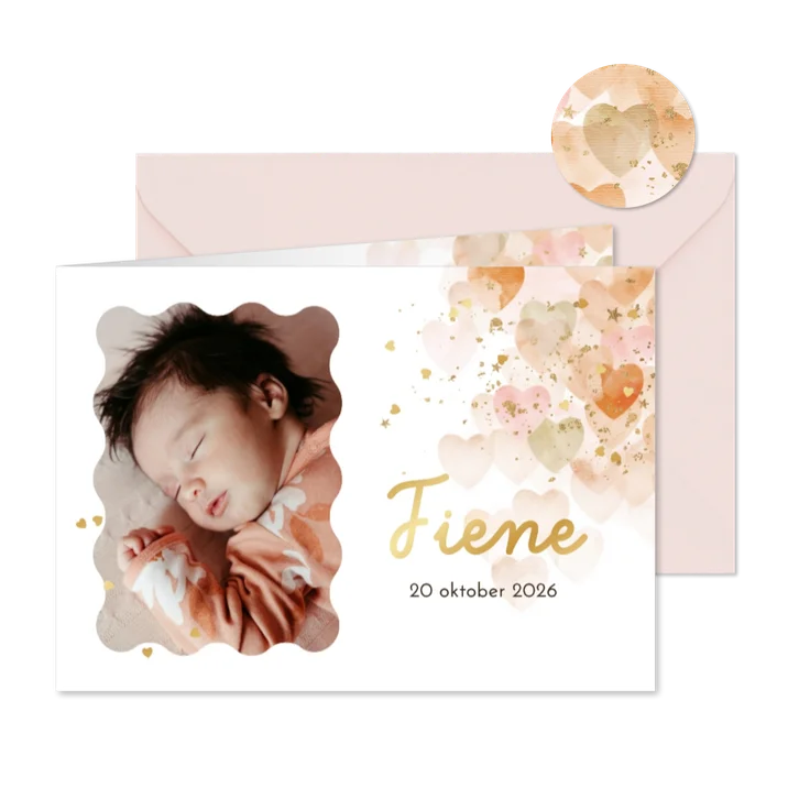 Lief geboortekaartje watercolor hartjes foto confetti goud