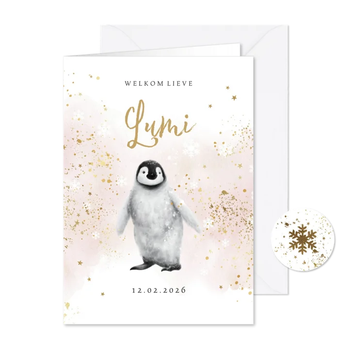 Lief geboortekaartje watercolor pinguïn goud sterren