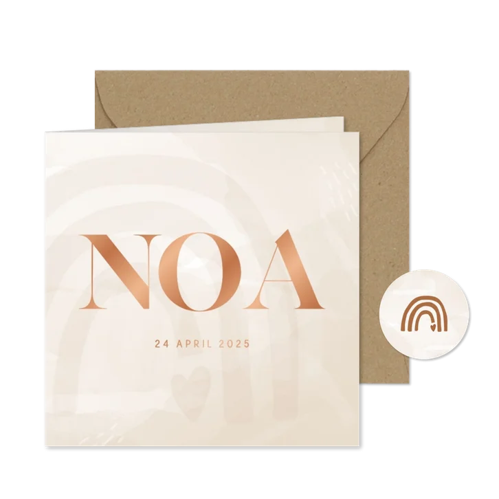 Lief geboortekaartje waterverf met regenboog koperfolie