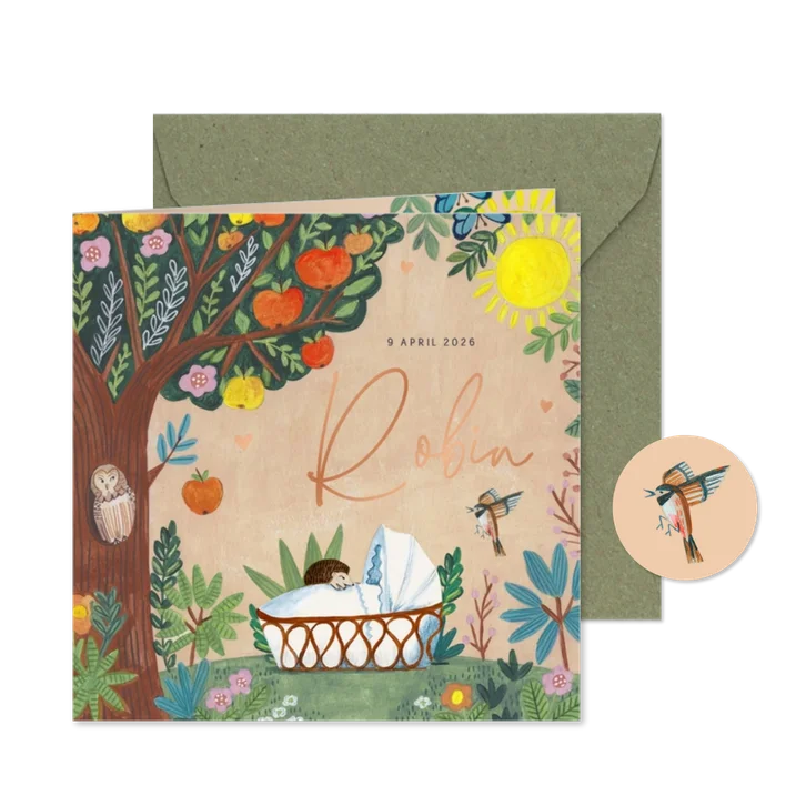 Lief geboortekaartje wiegje onder de appelboom