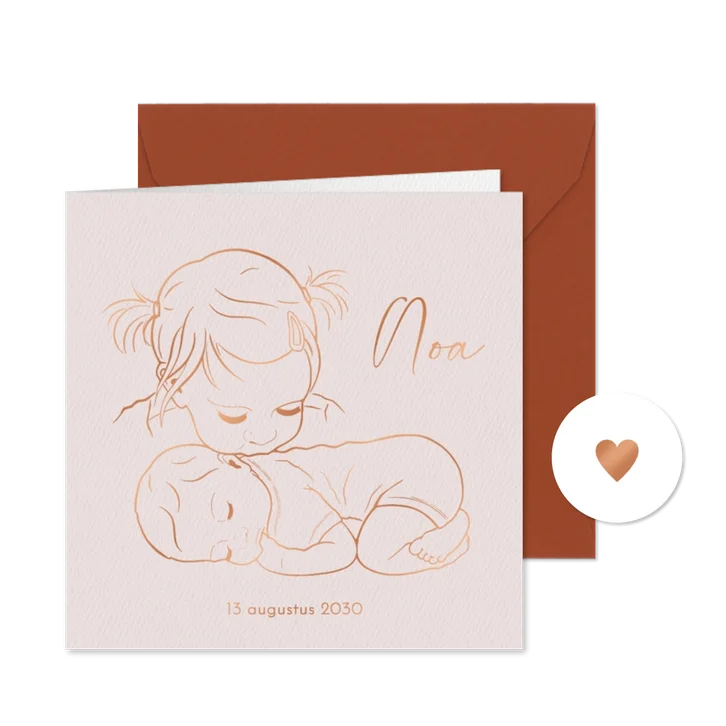 Lief geboortekaartje zus kust liggend baby’tje – koperfolie