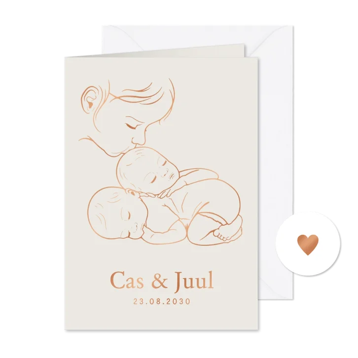 Lief geboortekaartje zus kust tweeling - koperfolie