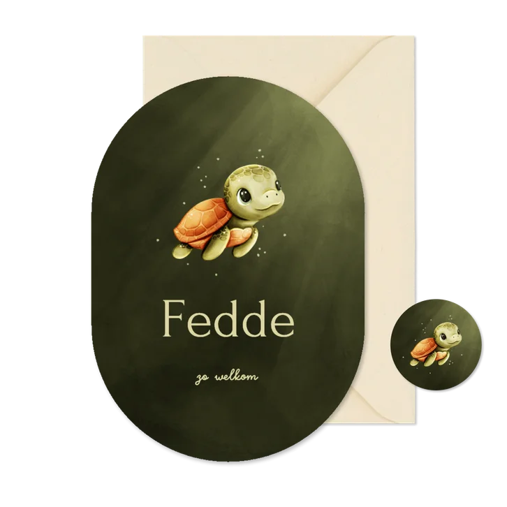 Lief groen ovaal geboortekaartje met een schildpadje