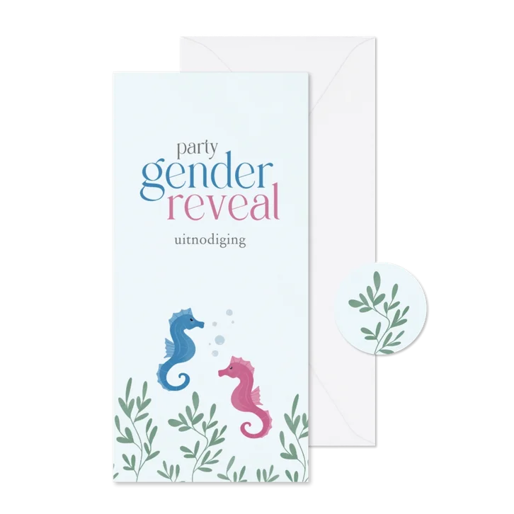 Lief kaartje voor een gender reveal party met zeepaardjes