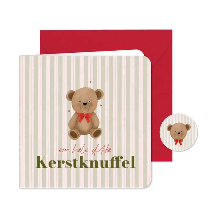 Lief kerstkaartje beer met strik strepen kerstknuffel