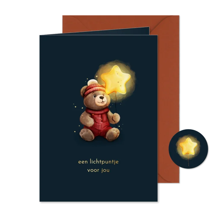 Lief kerstkaartje lichtpuntje met teddybeer en ster ballon