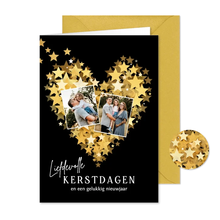 Lief kerstkaartje sterren hart goud met foto's