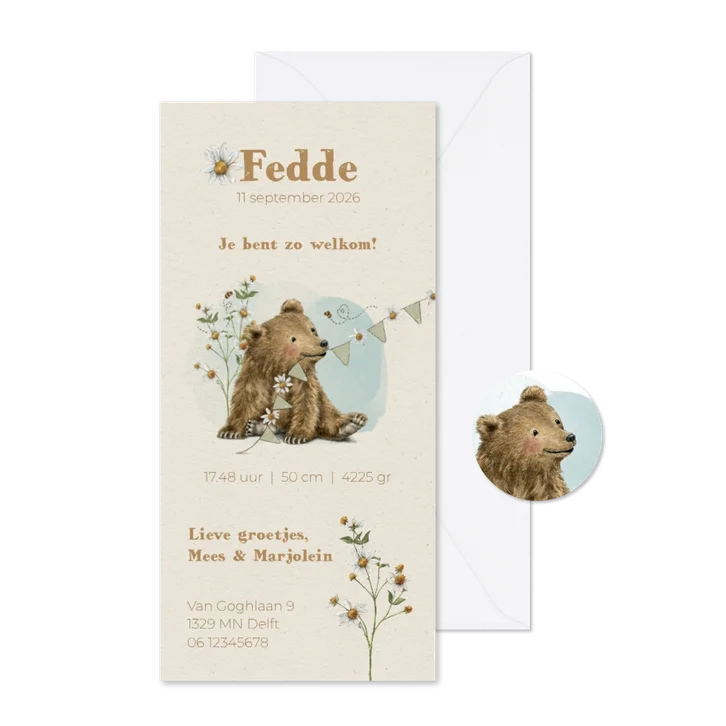 Lief langwerpig geboortekaartje met beer en bijtje