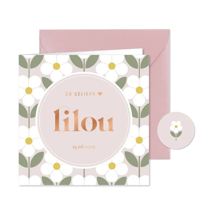 Lief minimalistisch geboortekaartje met witte bloemen