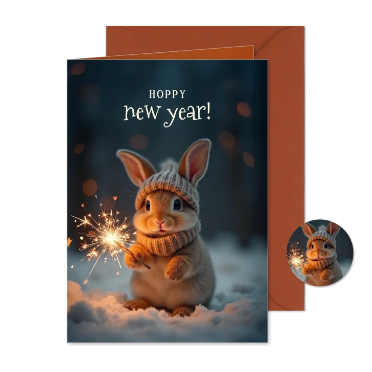 Lief nieuwjaarskaartje met konijn hoppy new year