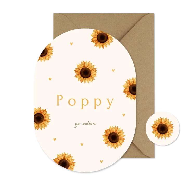 Lief ovaal geboortekaartje met zonnebloemen en hartjes
