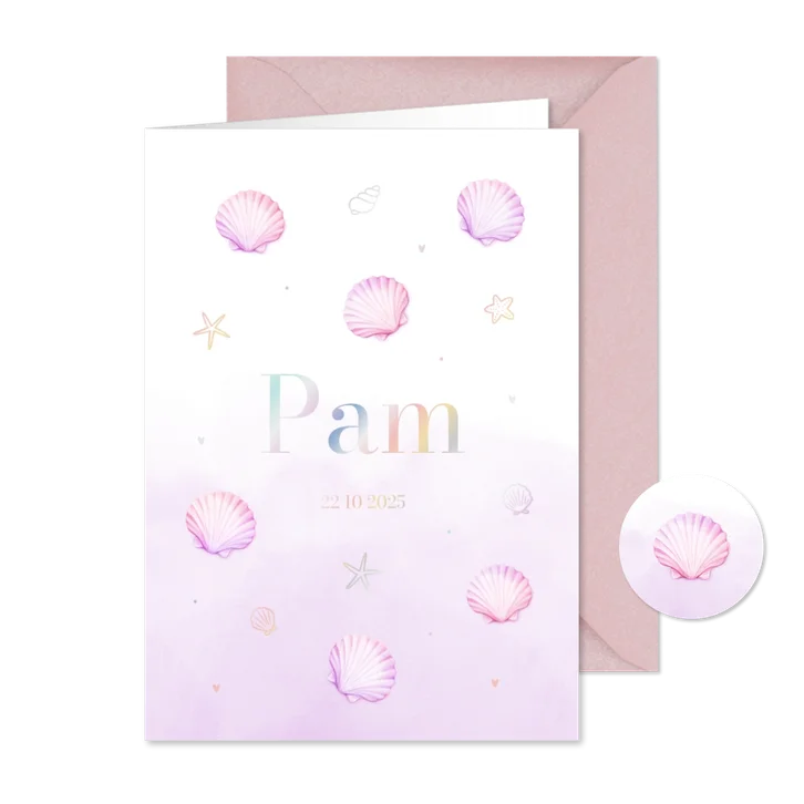 Lief pastel geboortekaartje met schelpjes en waterverf