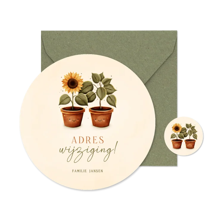 Lief rond verhuiskaartje met een zonnebloem en plant