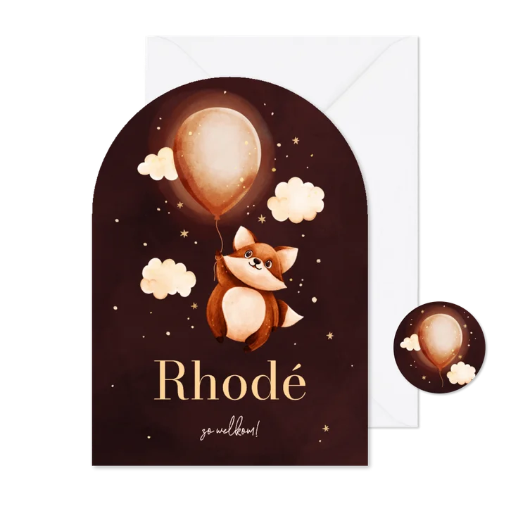 Lief roze geboortekaartje boog met vosje en een ballon