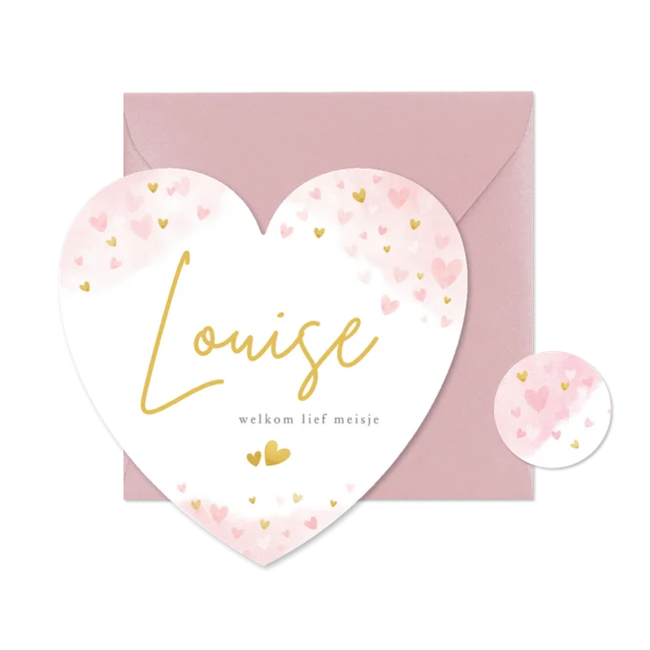 Lief roze geboortekaartje meisje hartvorm roze hartjes
