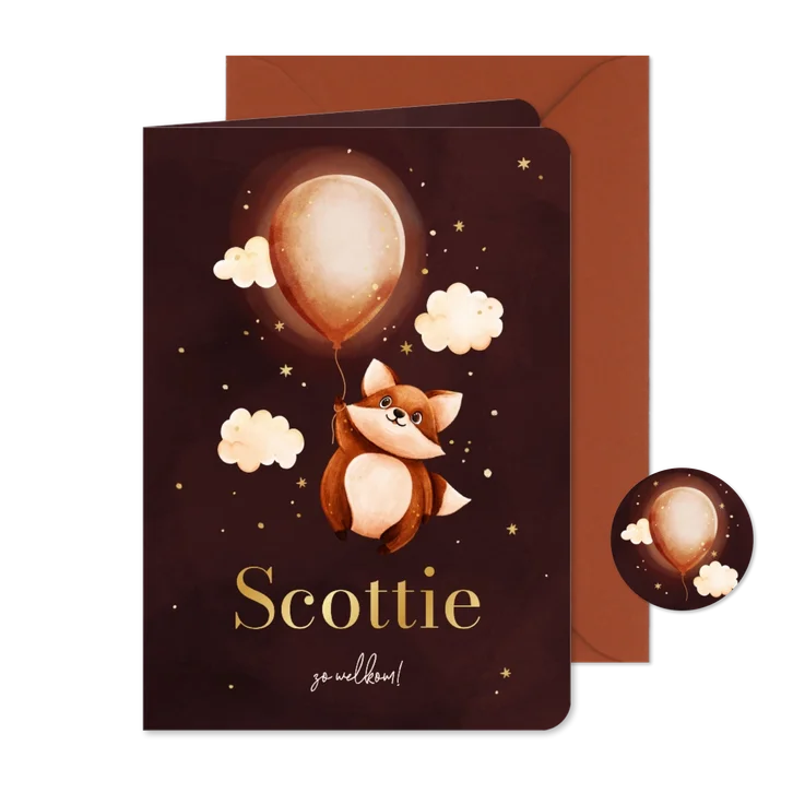 Lief roze geboortekaartje met vosje en een ballon