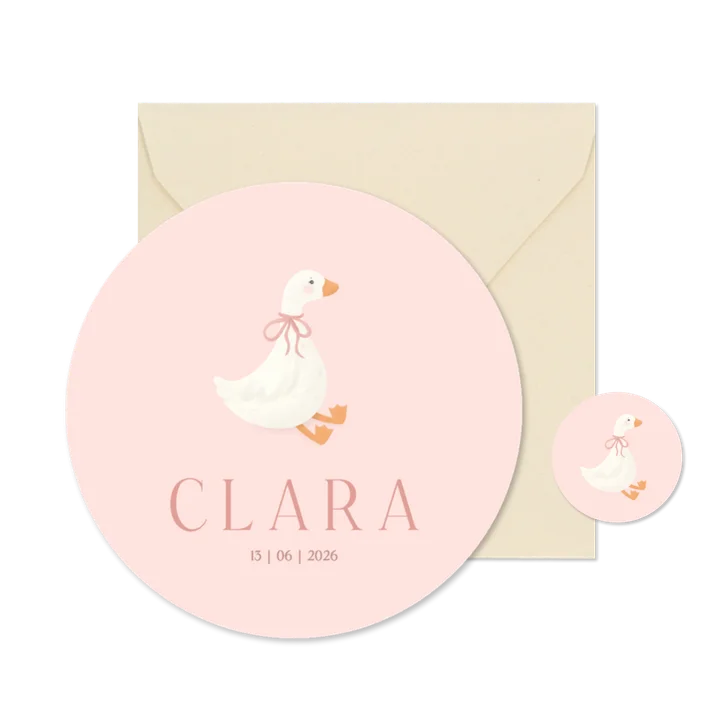 Lief roze geboortekaartje rond met schattig gansje