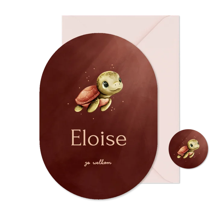 Lief roze ovaal geboortekaartje met een schildpadje