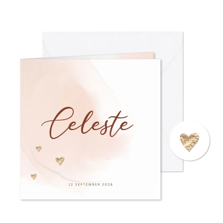 Lief roze watercolor brush geboortekaartje meisje hartjes