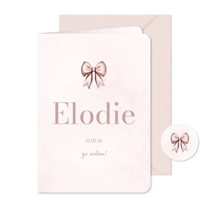 Lief staand geboortekaartje met roze strik waterverf