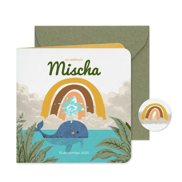 Lief stoer geboortekaartje voor een regenboogbaby met walvis