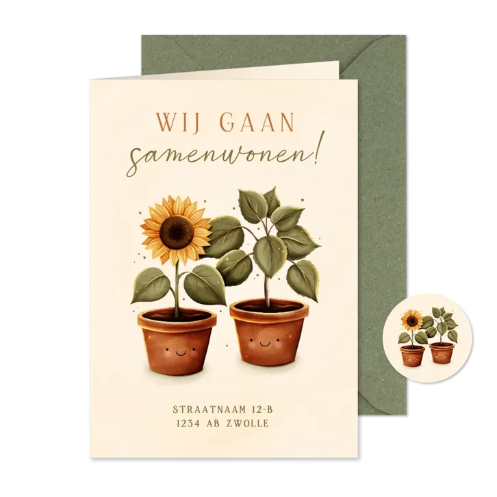 Lief verhuiskaartje samenwonen zonnebloem en plant