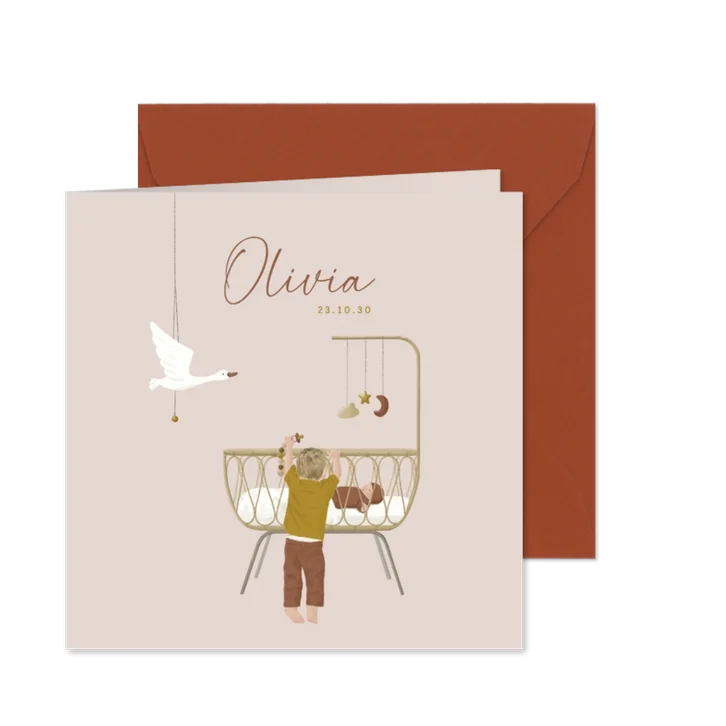 Lief vierkant geboortekaartje broer bij wiegje met baby