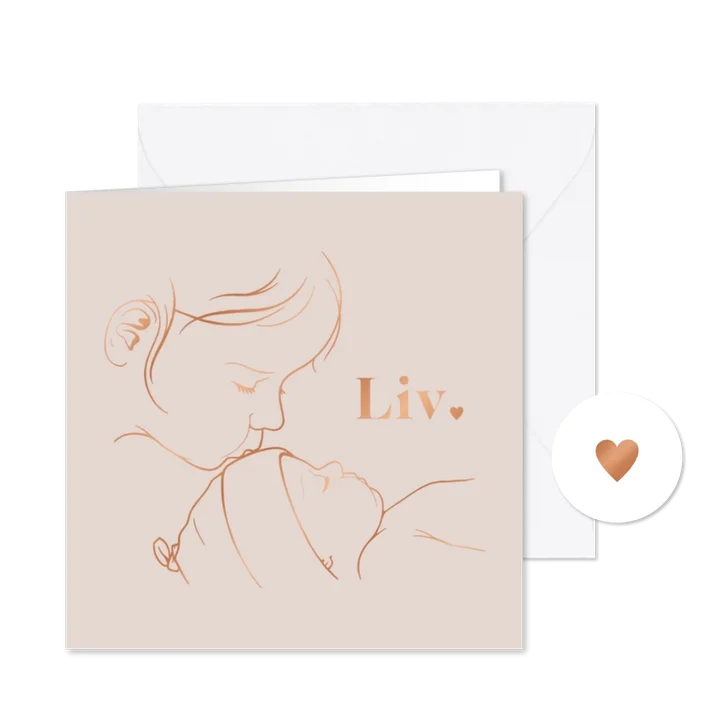 Lief vierkant geboortekaartje zus kust baby - koperfolie