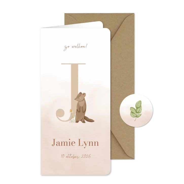 Lief waterverf geboortekaartje met dierenletter