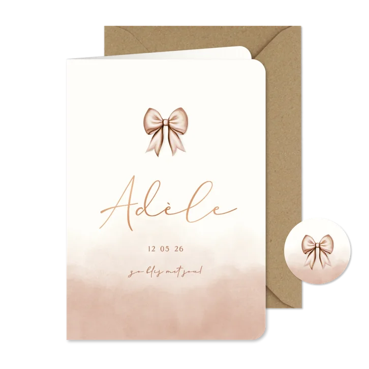 Lief waterverf geboortekaartje met strik en koperfolie