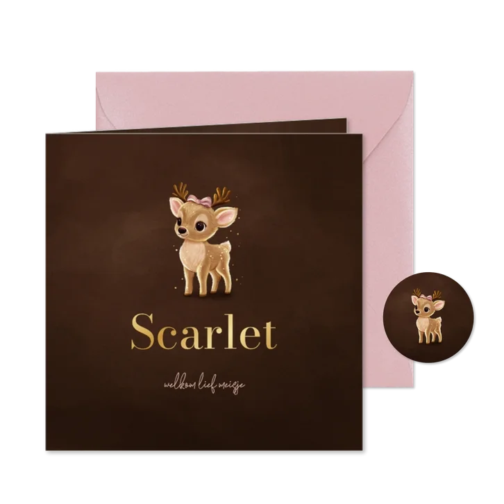 Lief winters geboortekaartje met hertje met roze strik