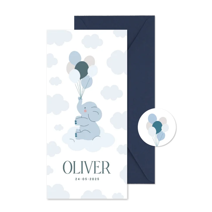Lief wit geboortekaartje met blauw olifantje en ballonnen 