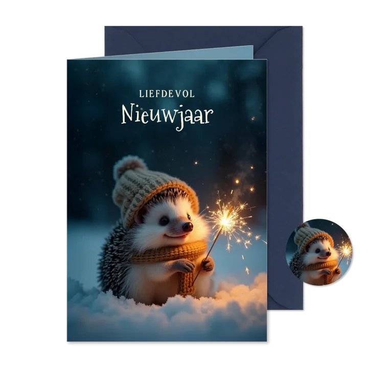 Liefdevol nieuwjaarskaartje met egeltje en sterretje