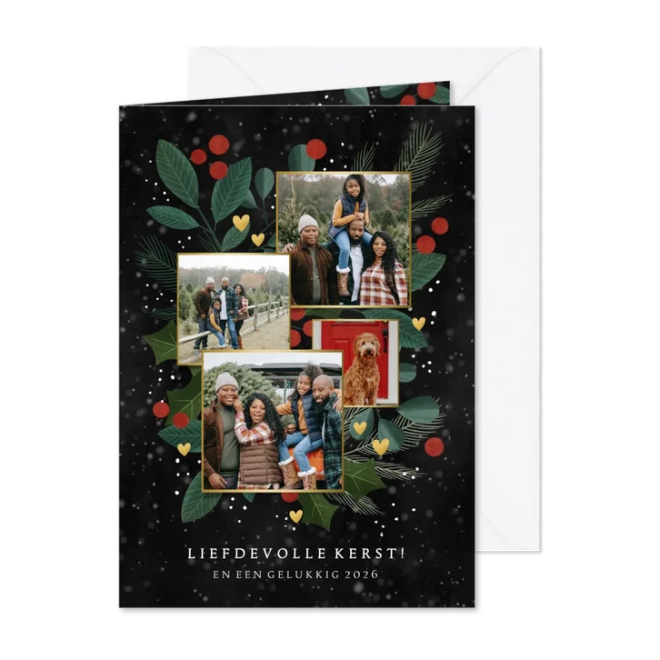 Liefdevolle fotocollage kerstkaart met takjes en hartjes