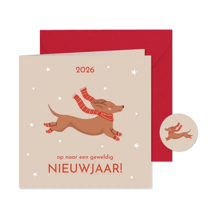 Lieve beige nieuwjaarskaart met teckel met sjaal