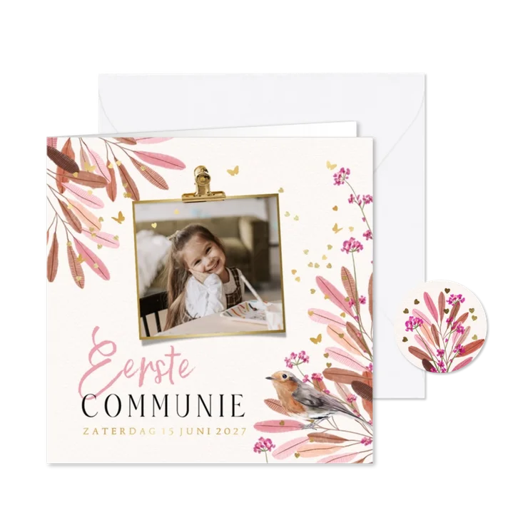 Lieve communiekaart vlindertjes goud bladertak vogel foto