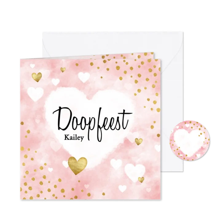 Lieve doopkaart met waterverf, witte en gouden hartjes