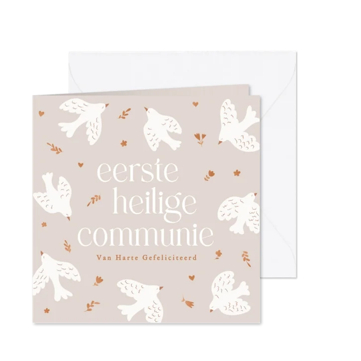 Lieve felicitatiekaart eerste communie beige duifjes