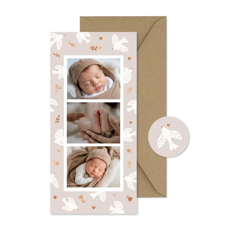 Lieve fotocollage geboortekaartjes beige met duifjes koper