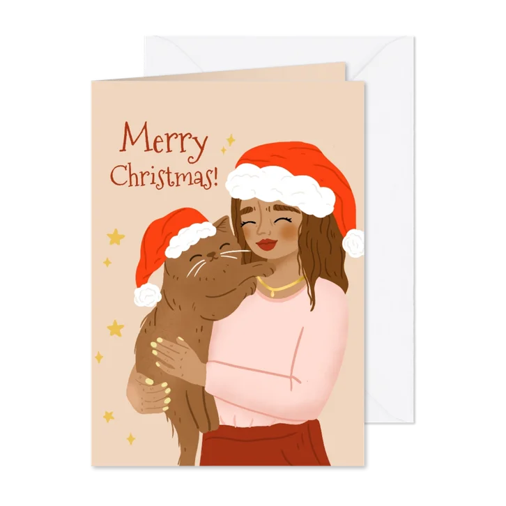 Lieve kerstkaart illustratie vrouw met kat