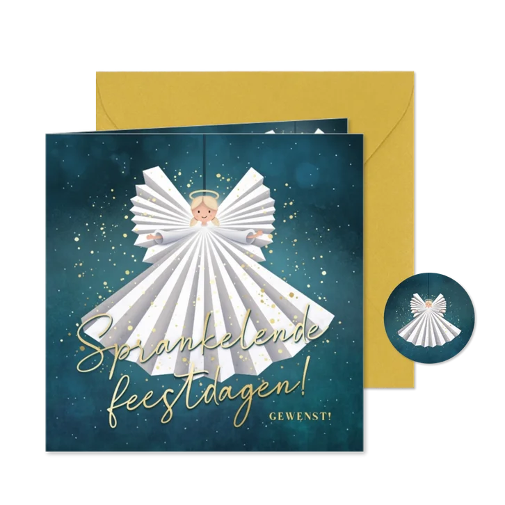 Lieve kerstkaart met illustratie van engel met glitters