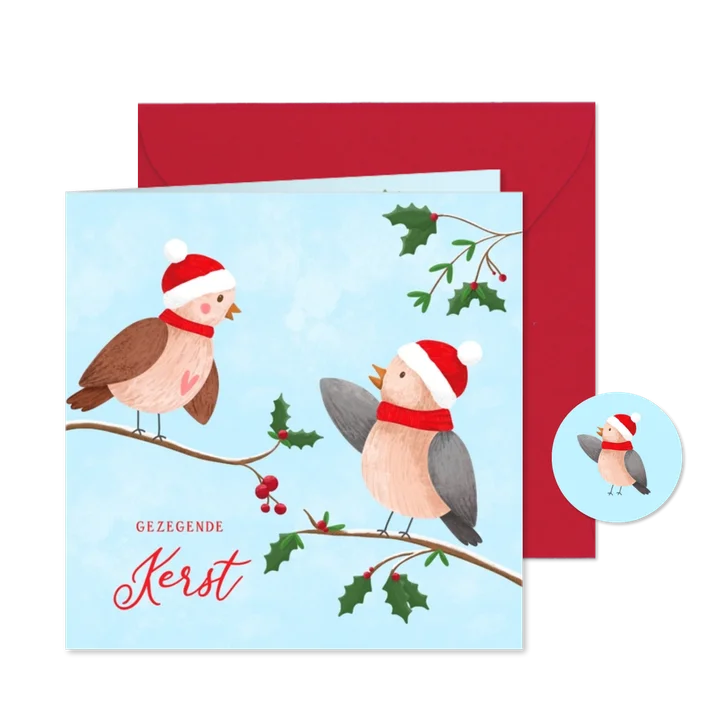 Lieve kerstkaart met illustratie van twee musjes