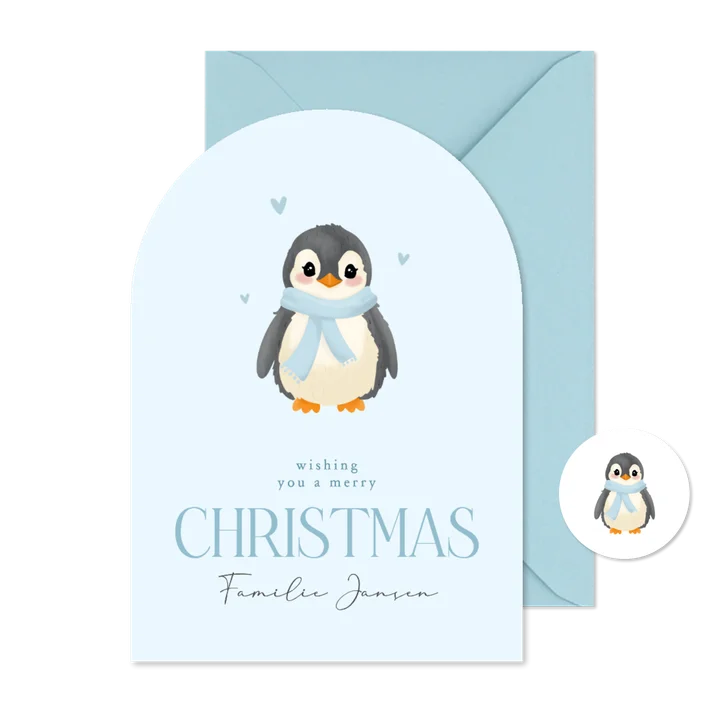 Lieve lichtblauwe kerstkaart boog met baby pinguin
