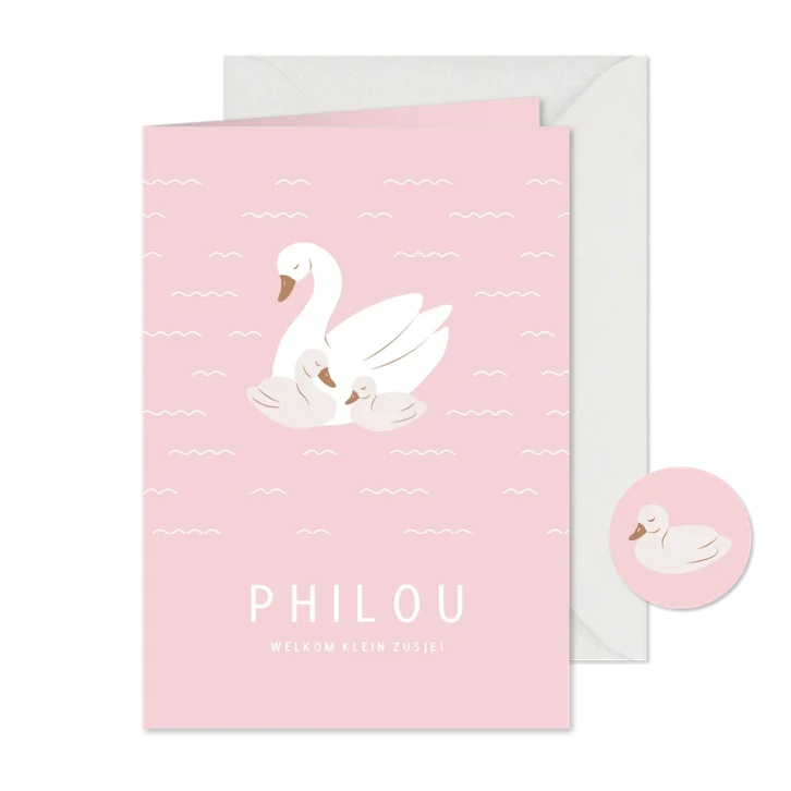 Lieve moderne roze geboortekaartjes met zwaantjes een zusje