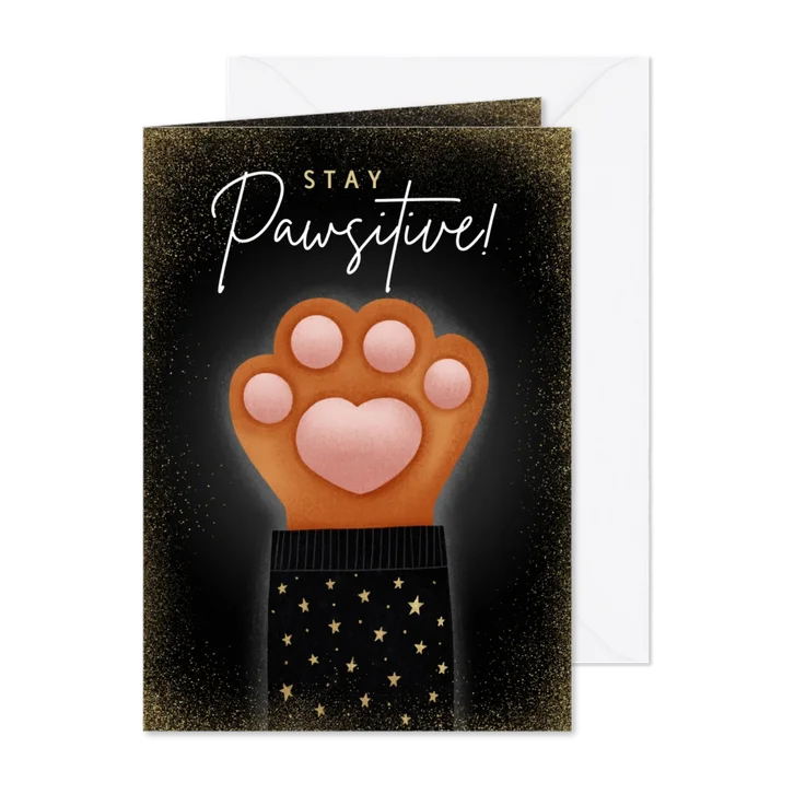 Lieve nieuwjaarskaart Stay Pawsitive met kattenpootje