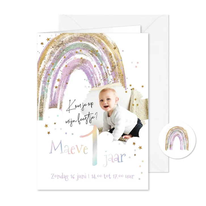 Lieve uitnodiging kinderfeest 1 regenboog foliedruk sterren