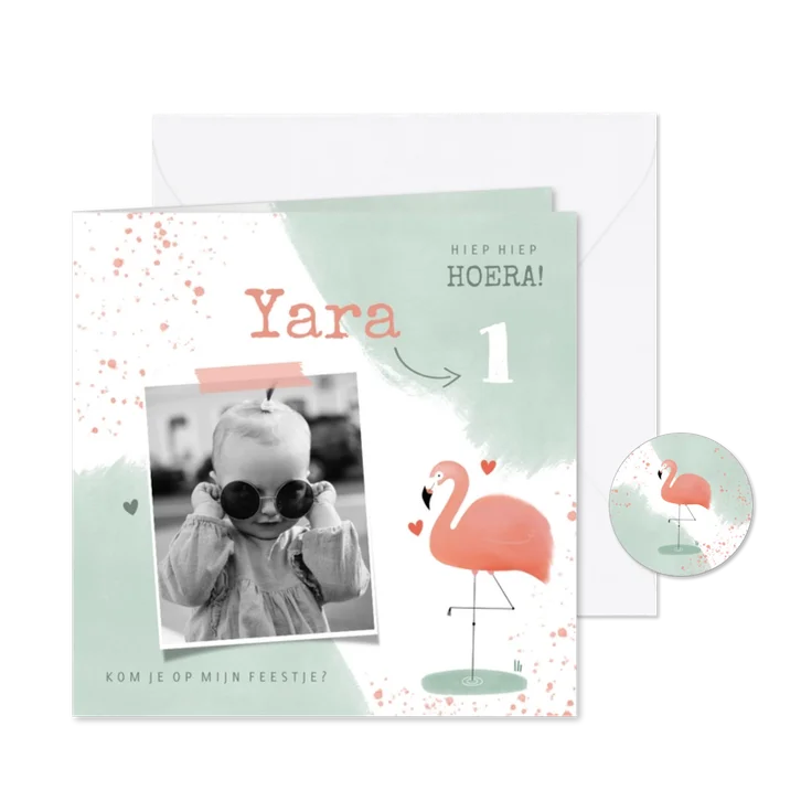 Lieve uitnodiging kinderfeestje 1 jaar flamingo en waterverf