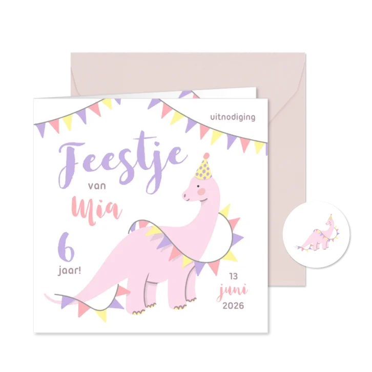 Lieve uitnodiging kinderfeestje met dino voor meisjes pastel